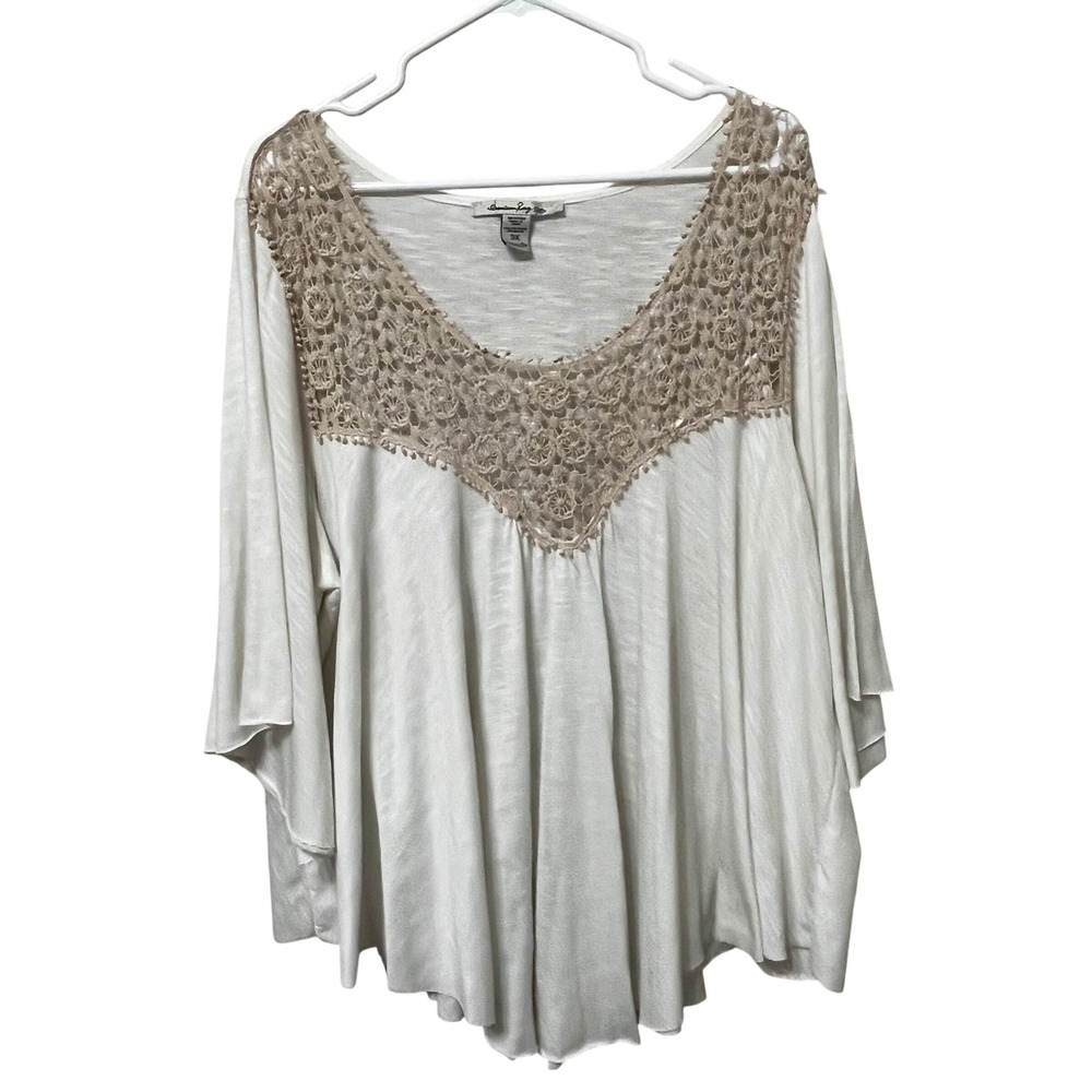 American Rag Women 3X White Boho Crochet Lace Yoke Kimono Sleeve Slub Knit Top